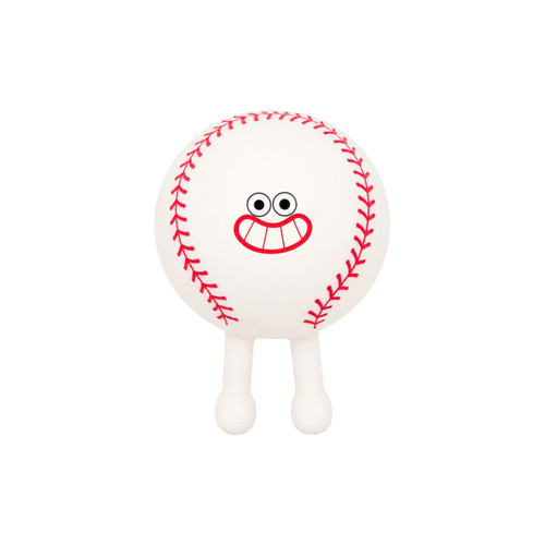 A white squishy stress relief sport ball with red stitching and a smiling face, featuring two small feet.