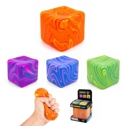 A squishy stress relief cube in vibrant colours: orange, purple, pink, and green, with a branded box included.
