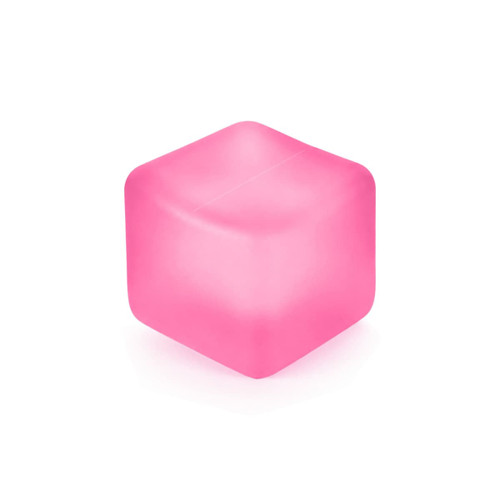 A pink squishy stress relief cube with a smooth surface. It has a simple, solid cube design.