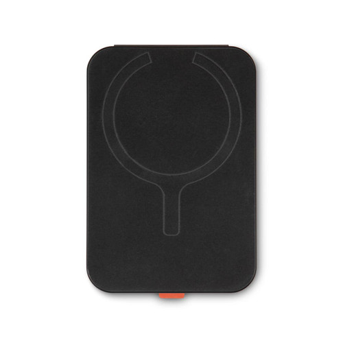A black phone wallet with a subtle logo, featuring a circular design outline and an orange accent.