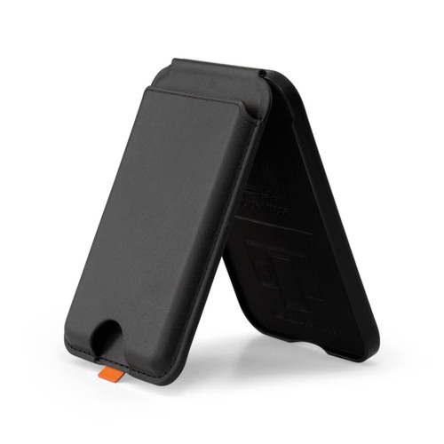 A black phone wallet with a stand feature, designed to hold a phone and cards. It has a small orange detail.
