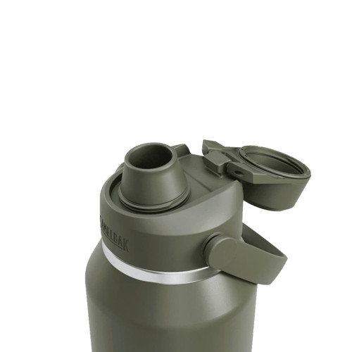 A drink bottle in olive green with a wide mouth and a screw-on lid featuring a cap and a logo.