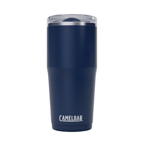 A drink bottle in navy blue with a clear lid, featuring a logo. Suitable for travel and on-the-go use.