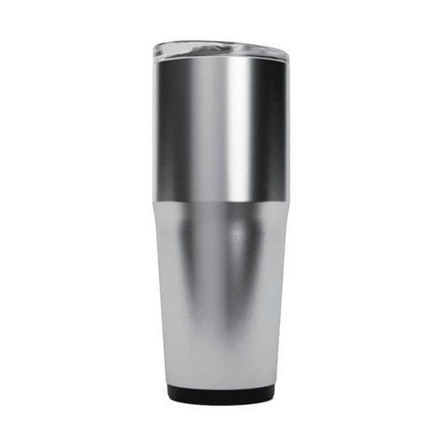 A drink bottle with a sleek silver and stainless steel design featuring a clear lid and a black base. It has a logo.