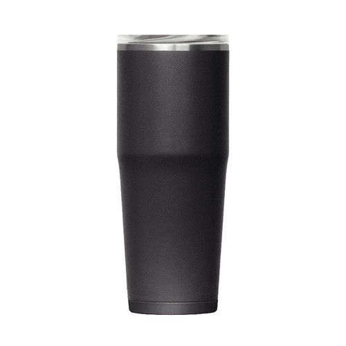 A drink bottle in matte black finish with a clear lid and a sleek, tapered design, featuring a logo.
