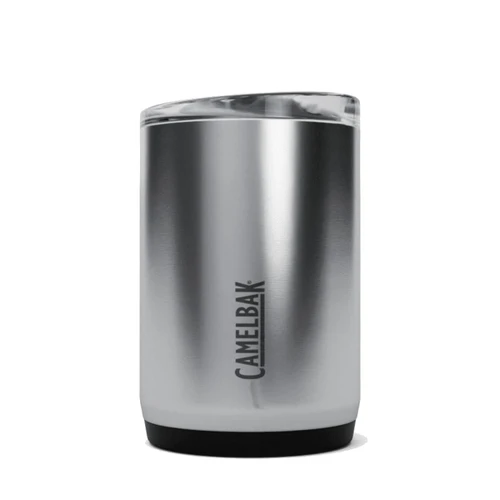 A drink bottle featuring a sleek, stainless steel finish with a solid black base and a clear lid. It has a logo.