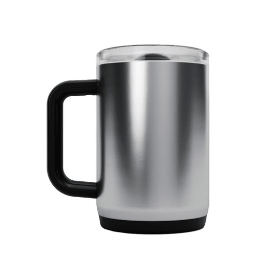 A drink bottle with a stainless steel exterior, black plastic handle, and a transparent lid. It features a logo.