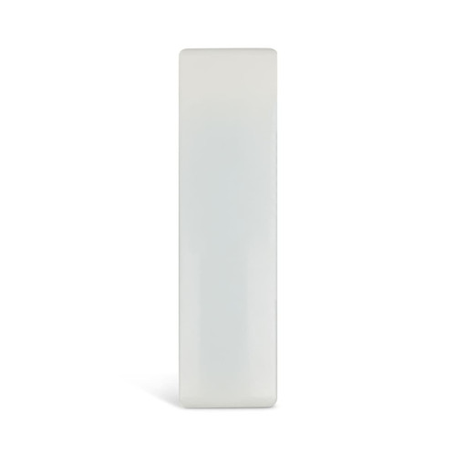 A white mini lint roller with a smooth surface, featuring a logo on one side.