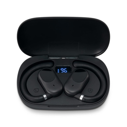 Black ear buds sitting in a charging case, featuring a digital display on the inside of the lid.