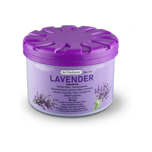 A purple air freshener container labelled "Lavender" with a floral design and a twist-off lid.