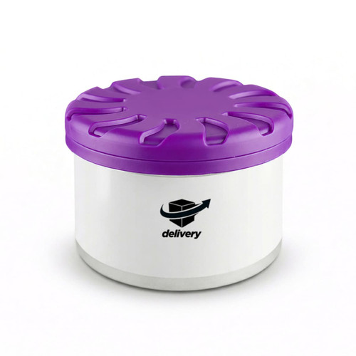 A round container with a purple lid and a white base, featuring a logo on the side.