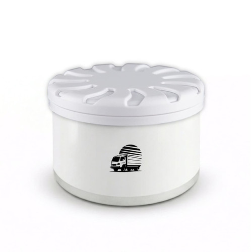 A round white air freshener container with a lid, featuring a simple logo. The base has a clear, light design.
