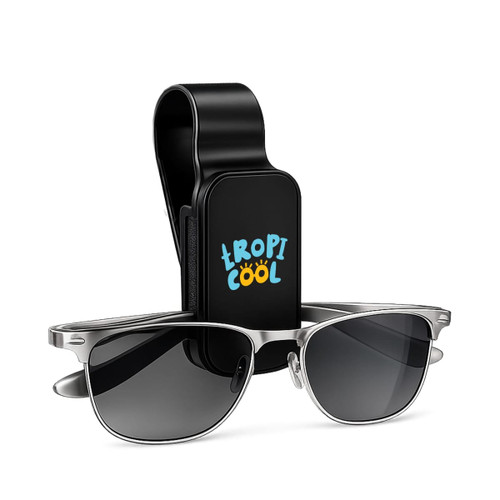 A black visor glasses holder with a clip and silver sunglasses featured in front. Includes a logo design.