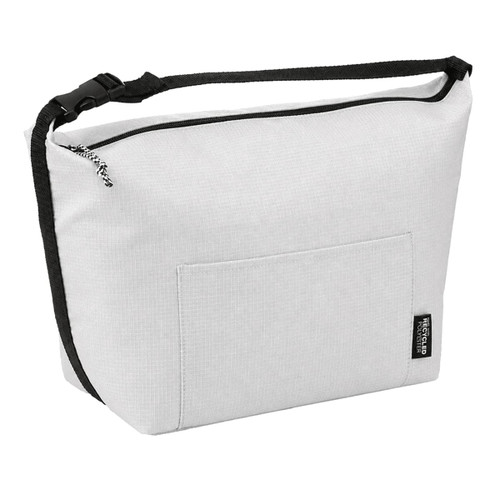 A grey cooler bag with a black trim and an external pocket, featuring a shoulder strap and a zip closure.
