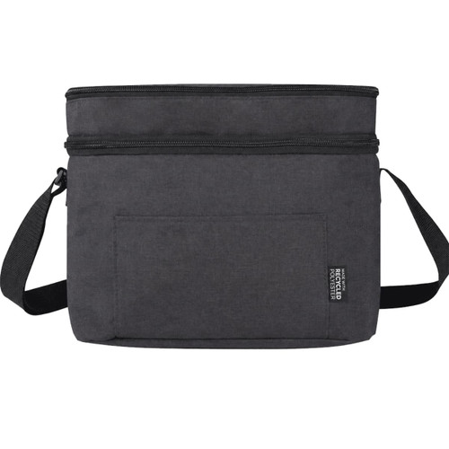 A dark grey double compartment cooler bag with a shoulder strap and a front pocket. It features a logo.