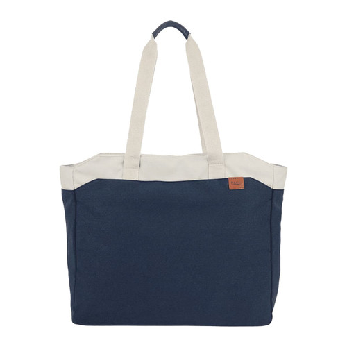 A navy blue and cream tote bag with dual handles and a logo. Spacious design suitable for carrying items.