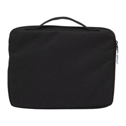 A black organiser case with a zip closure and handle. It features a logo on the front.