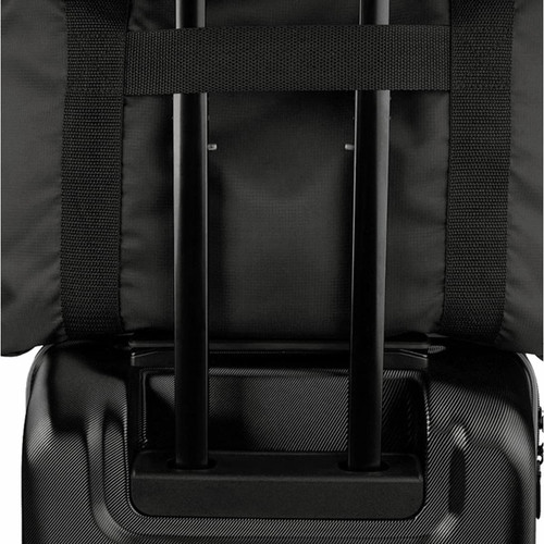 A packable travel duffel bag in black with adjustable straps and a retractable handle. Features a logo.