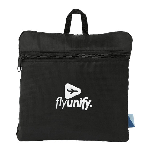 A packable travel duffel bag in black, featuring a logo and a top handle for easy carrying.