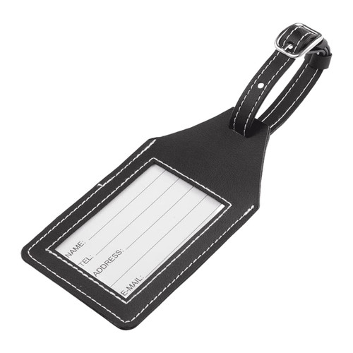 A black luggage tag with a clear ID window and a buckle strap, featuring white stitching details.