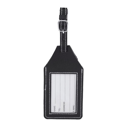 A black luggage tag with a clear window for information, featuring a strap and contrasting stitching.