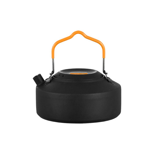 A black camping kettle with an orange handle and spout, designed for coffee or tea preparation.