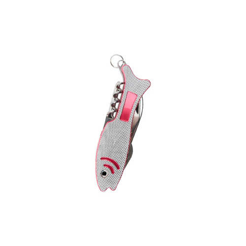 A silver and pink fish-shaped multitool with a keyring attachment, featuring various tools and a logo.