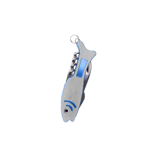 A silver and blue multitool shaped like a fish, featuring various tools and a keyring attachment.