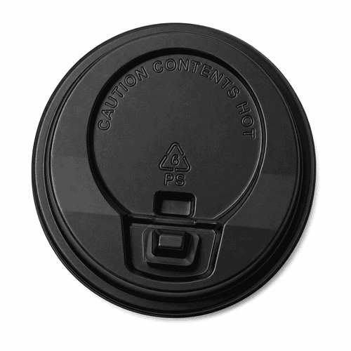 A black drink cup lid with a warning for hot contents and a circular design. It features a press-button opening.