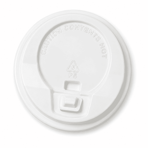 A white coffee cup lid with a caution notice, featuring a small opening for sipping.