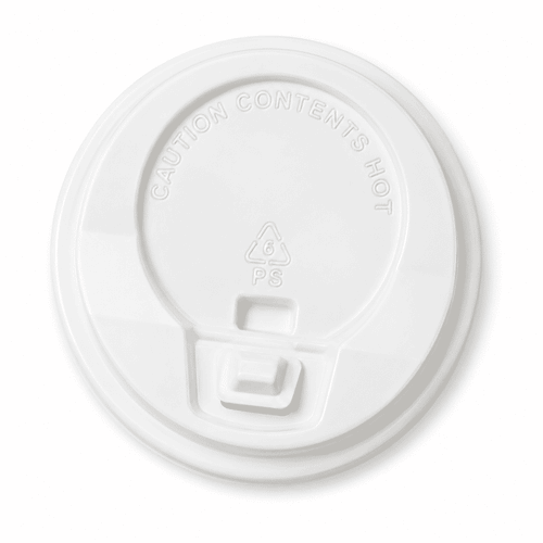 A white coffee cup lid with a caution notice, featuring a small opening for sipping.