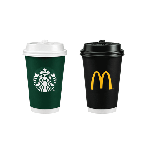 A drink cup in green with a logo, alongside a black cup with a logo, both featuring lids.