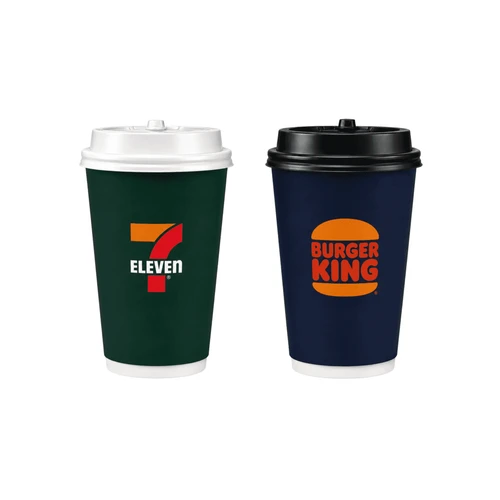 Two double-walled paper cups, one green with a logo and one navy with an orange logo.