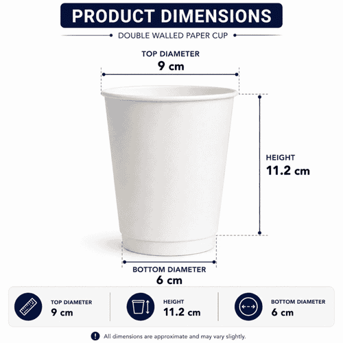 A double-walled paper cup in white, measuring 11.2 cm in height with a top diameter of 9 cm and a bottom diameter of 6 cm.