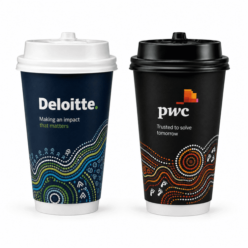 A double-walled paper cup set, featuring dark blue and black designs with logos and Aboriginal-inspired patterns.