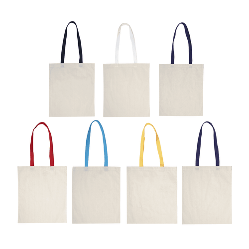 Accent cotton tote bags in natural fabric with coloured handles in red, blue, yellow, and navy. Each bag features a logo.