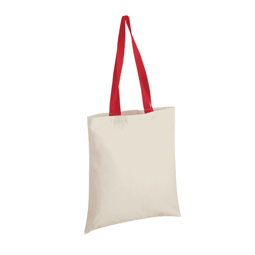 A cotton tote bag in natural colour with red handles. It features a logo on one side.