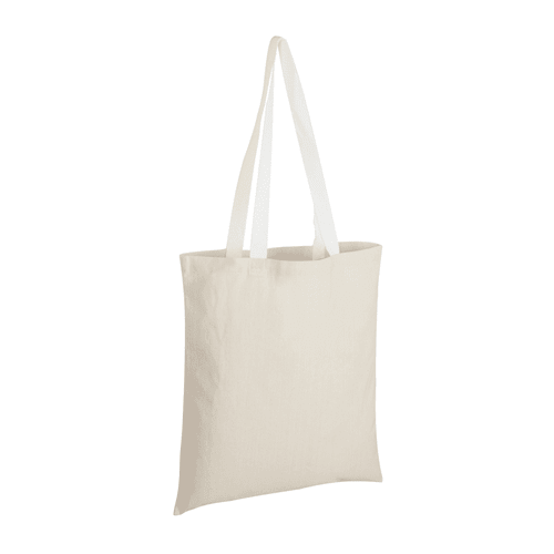 A cotton tote bag in a neutral cream colour with white handles and a simple design, featuring a logo.