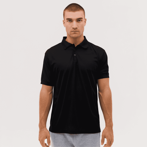 A black polo shirt displayed on a male model, featuring a collar and buttoned placket. The model stands against a plain background.