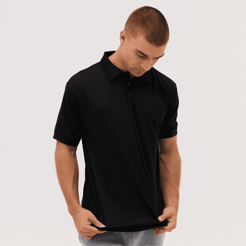 A black polo shirt displayed on a model, featuring a logo on the chest area.