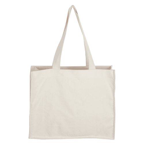 A canvas bag in a light cream colour with two long handles and a simple design, featuring a logo.