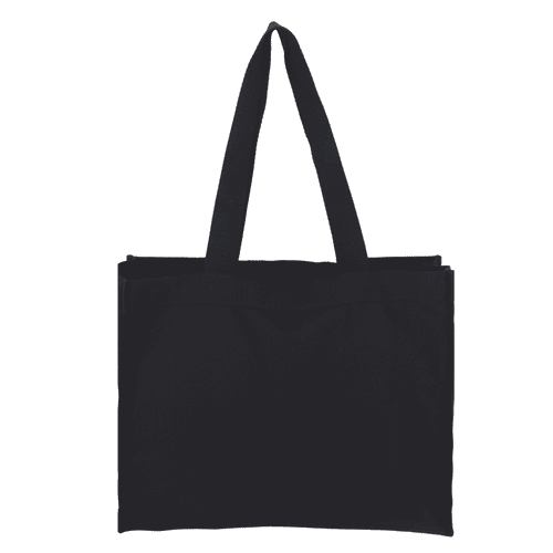 A black canvas bag with two handles and a simple design, featuring a logo on one side.