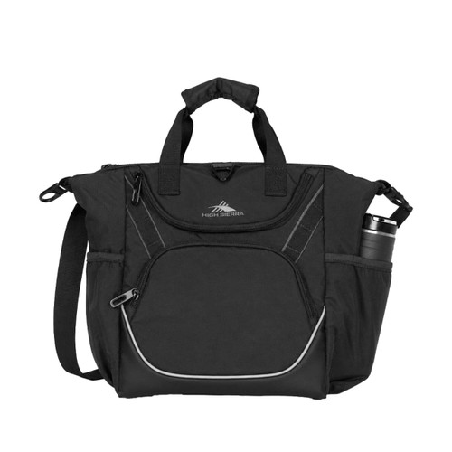 A black cooler bag with multiple compartments, carrying handles, and an adjustable strap, featuring a drink bottle holder.