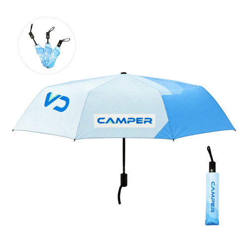 A blue and light blue anti-rebound folding umbrella with a matching storage sleeve and a logo.