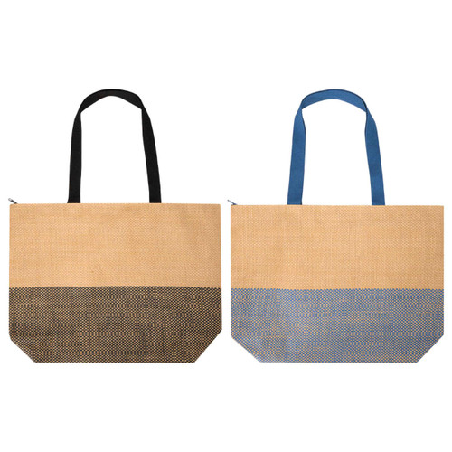 Large zipped tote bag featuring a natural tone with a black and blue patterned bottom. Includes two handles.
