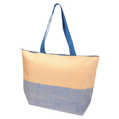 A large zipped tote in beige and blue, featuring sturdy handles and a textured design. It has a logo on the side.