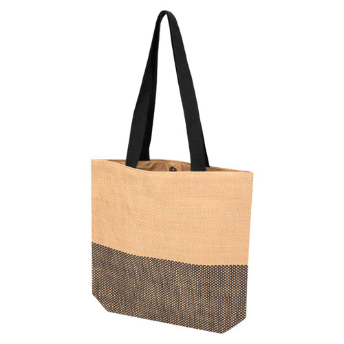 A tote bag with a tan upper section and a black lower section, featuring two black handles and a logo.