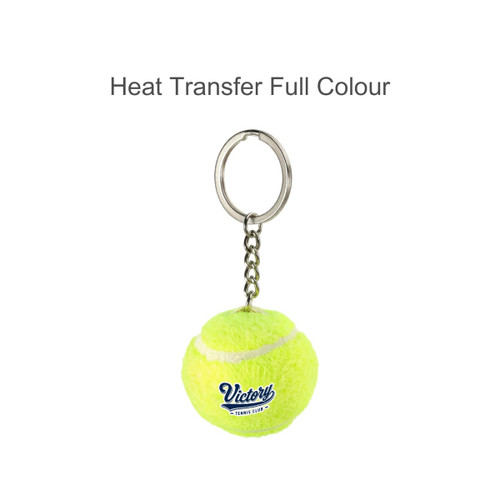 A tennis ball keyring in bright yellow with a chain and a branded logo.