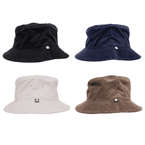A collection of four cord bucket hats in black, navy, white, and brown, each featuring a small logo.