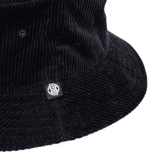 A black corduroy bucket hat featuring a logo on the side. The texture is clearly visible.